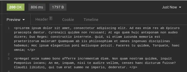 Insomnia response pane showing successful API call