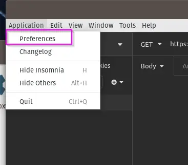 Insomnia Application Preferences menu