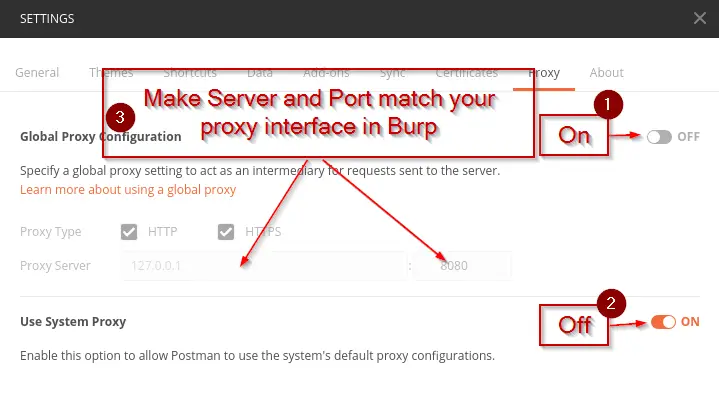 Proxy Settings Tab showing Postman pointed at Burp Suite listener