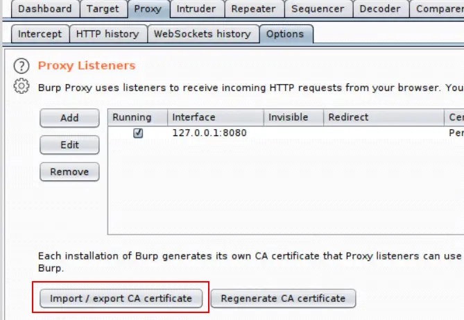 Burp Suite Proxy Options tab showing the Import/export CA certificate button
