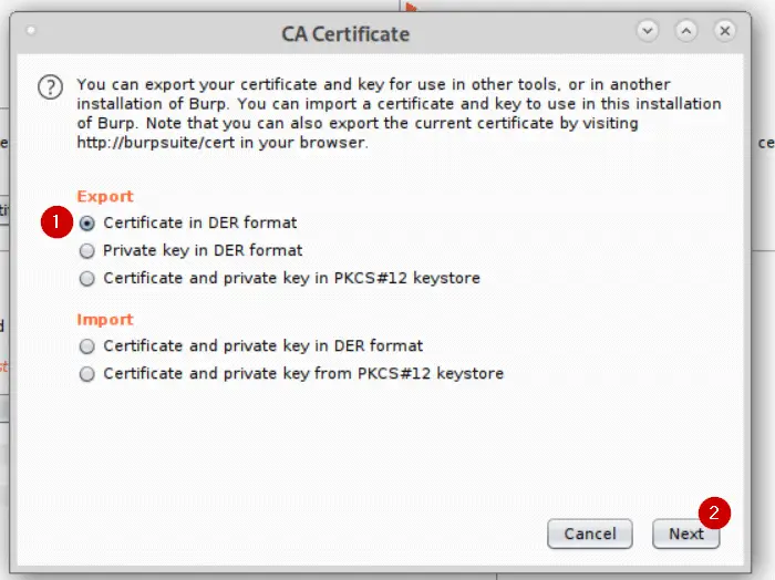 Burp Suite export dialog showing Certificate in DER format selected