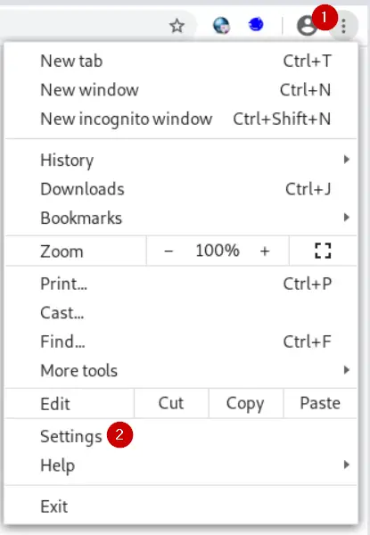 Chrome menu with Settings option highlighted