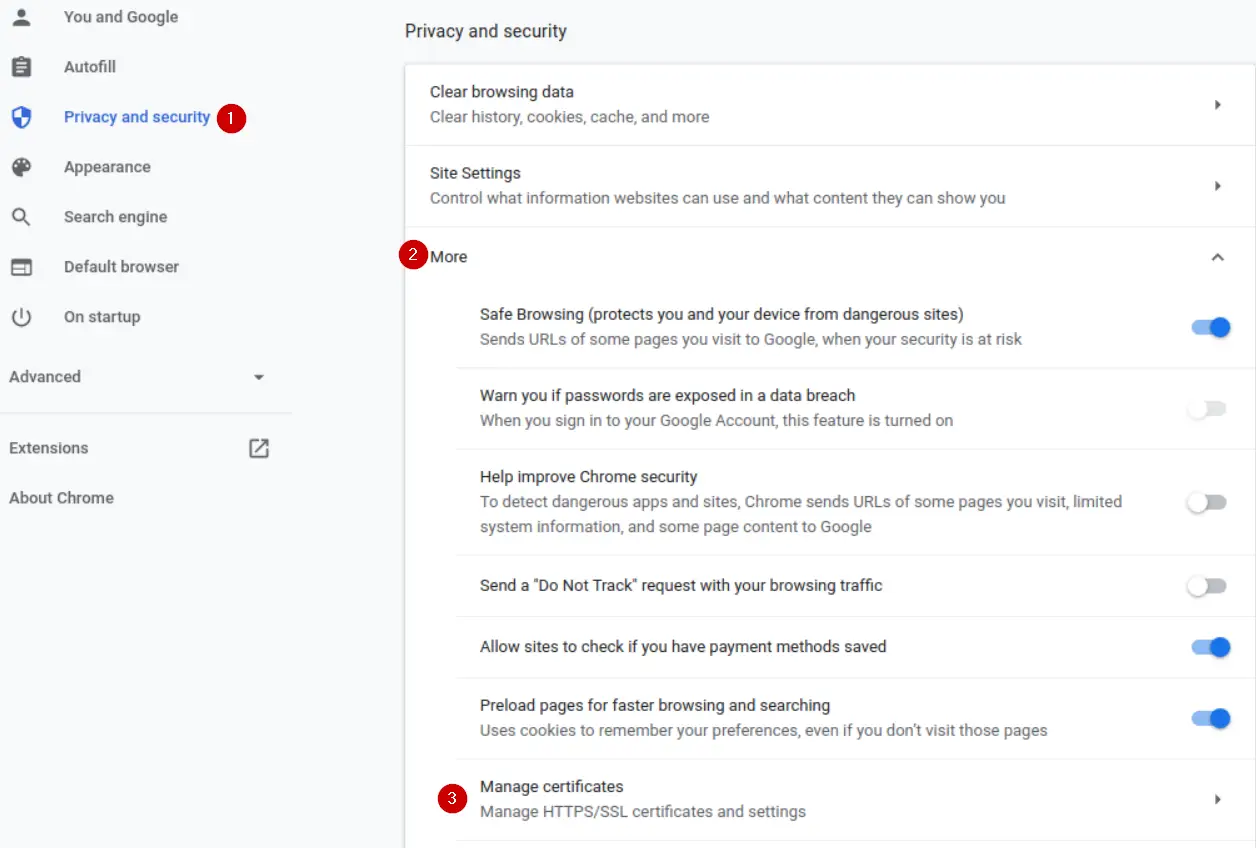 Chrome Privacy and security settings showing the Manage certificates option
