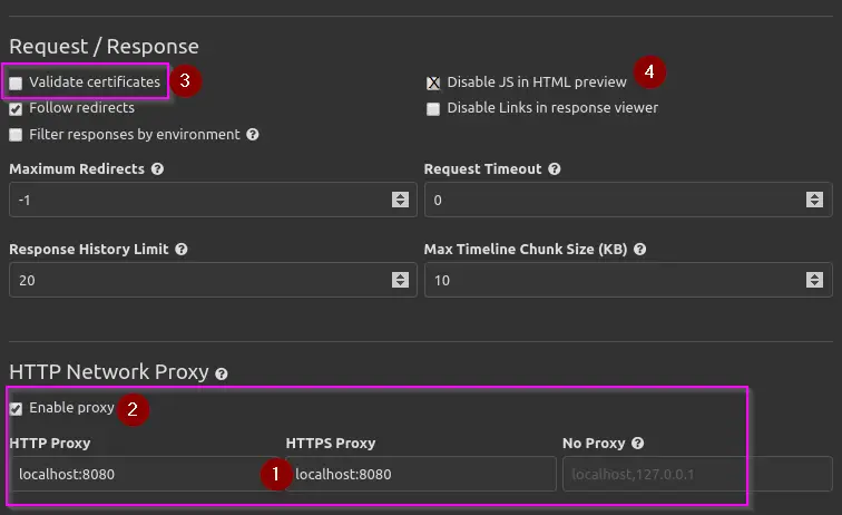 Insomnia proxy configuration settings