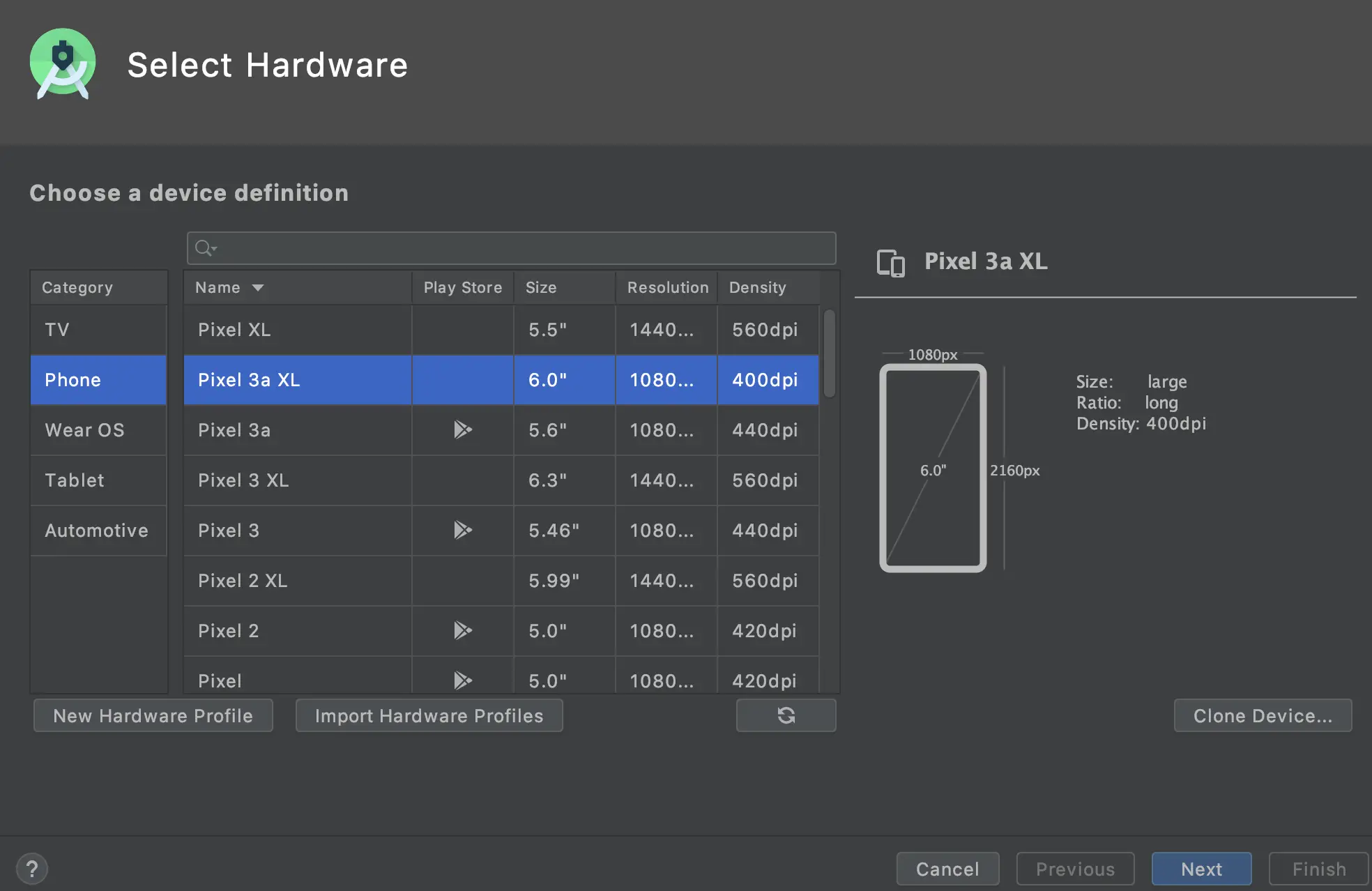AVD Manager Create Virtual Device screen