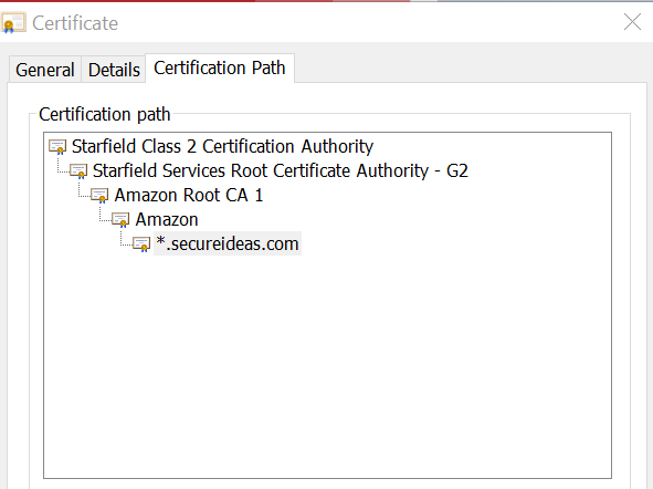 Certificate hierarchy showing the chain of trust from Starfield Class 2 CA down to the secureideas.com certificate