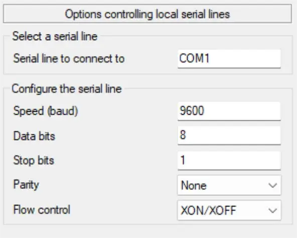 PuTTY serial configuration screen showing baud rate, data bits, stop bits, and parity settings