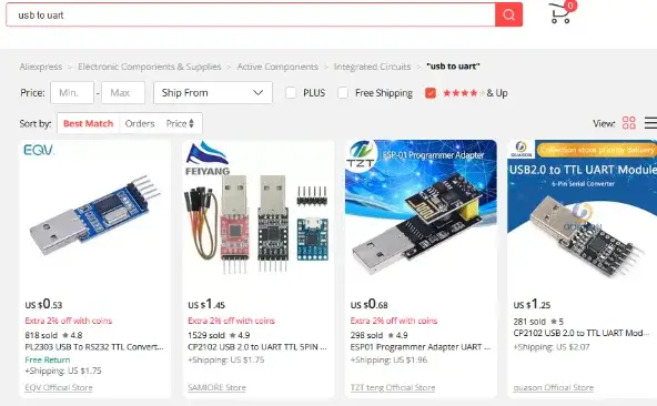 AliExpress listing for a CP2102 USB to UART adapter module