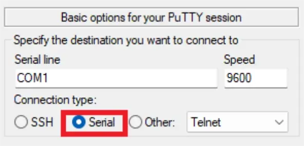 PuTTY main screen with the Serial radio button selected and serial line configuration visible