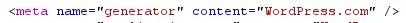 WordPress.com source code showing a modified generator meta tag with the version number omitted