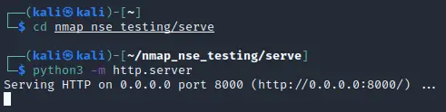 Terminal showing Python http.server starting on port 8000