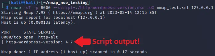Nmap scan output showing the NSE script detecting WordPress version 4.7 on port 8000
