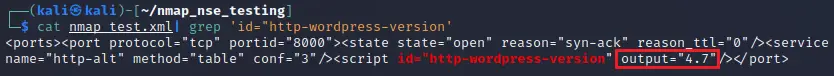 Nmap XML output showing the http-wordpress-version script results