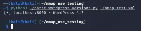 Python script output showing extracted WordPress version from the Nmap XML file