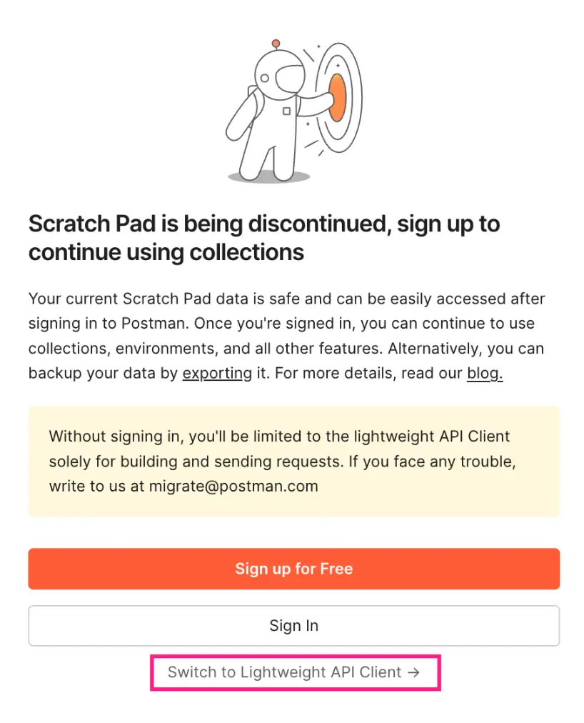 Postman introduction page showing the Switch to Lightweight API Client link below the sign-in options