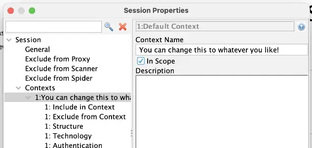 ZAP Session Properties showing context rename field