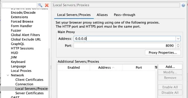 ZAP Local Servers settings showing 0.0.0.0 listener