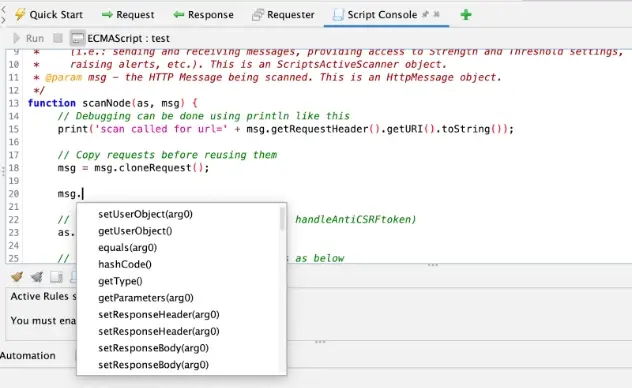 ZAP script console showing code completion on parameters