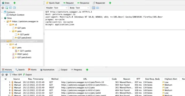 ZAP Sites and History tabs populated from OpenAPI import