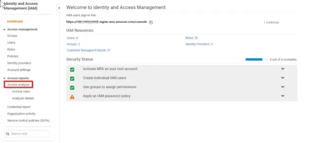 AWS IAM console showing the Create Analyzer interface with name and tag fields