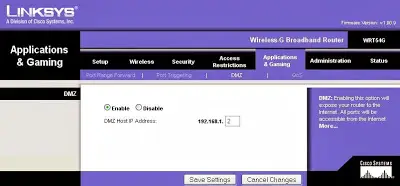 Linksys router DMZ mode configuration for forwarding incoming traffic