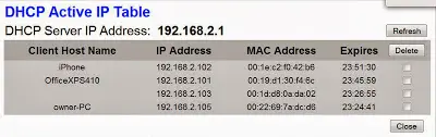 Linksys DHCP clients table with delete option to force lease renegotiation