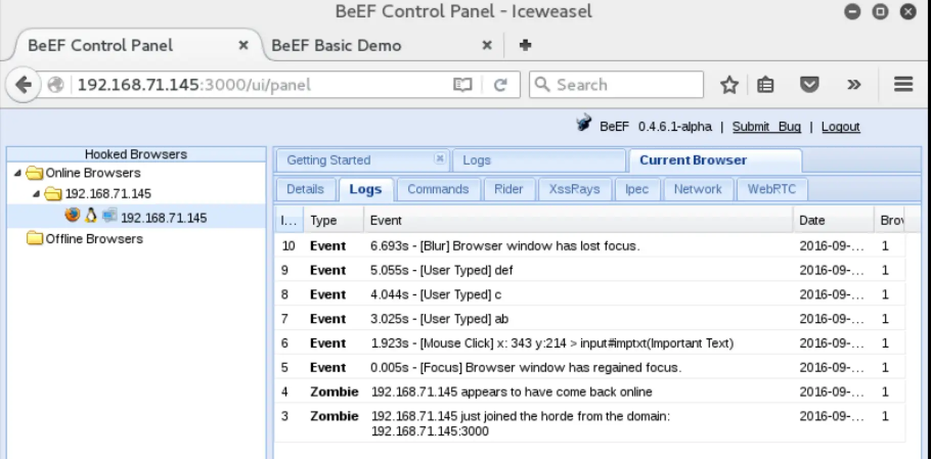 BeEF Logs tab showing captured mouse clicks and keystrokes including the typed text abcdef