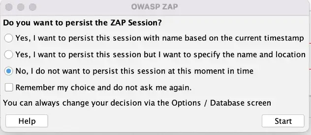ZAP session persistence dialog