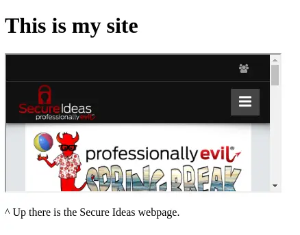 Browser rendering showing a page with the Secure Ideas website embedded in a 400 by 200 pixel iframe