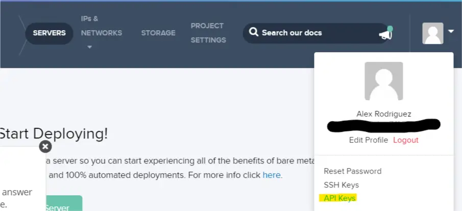API Key settings in the Packet dashboard