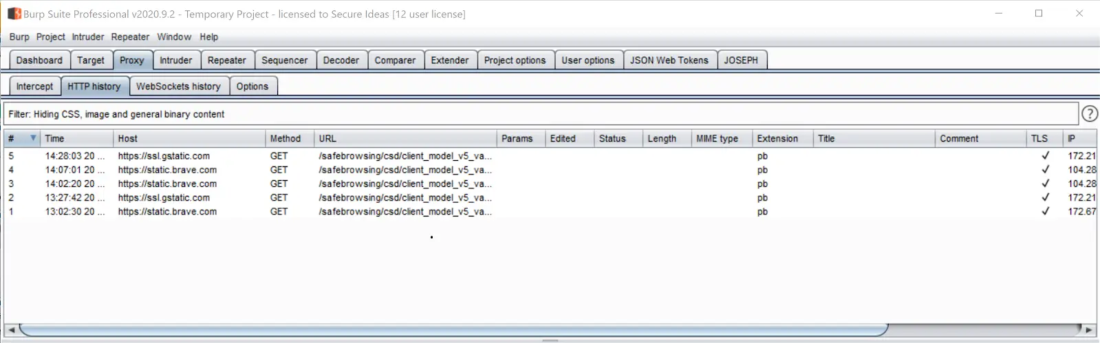 Burp Suite proxy history showing only 5 requests generated by Brave after two hours