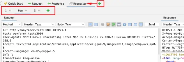 ZAP add tab menu showing Requester option