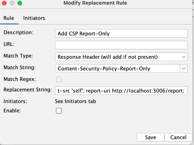ZAP Replacer rule configured for Content-Security-Policy-Report-Only header