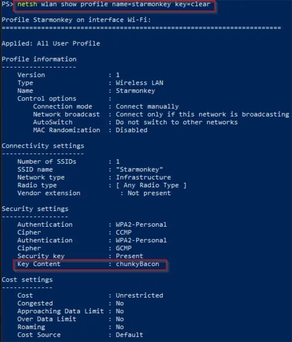 Netsh output with key=clear showing the Key Content field containing the cleartext WiFi password