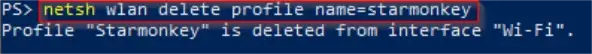 Netsh output confirming the wireless profile has been deleted from the system