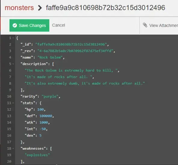 CouchDB Fauxton UI showing a Rock Golem document with JSON attributes like health, attack, and defense