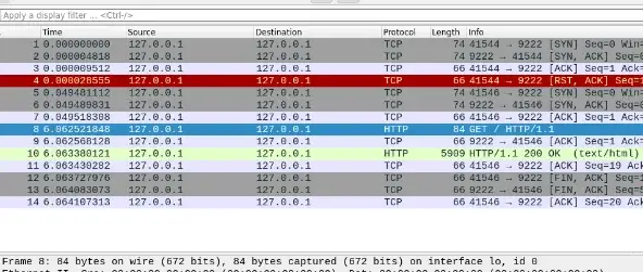 Full Wireshark packet capture showing the two clean TCP sessions for the optimized scan