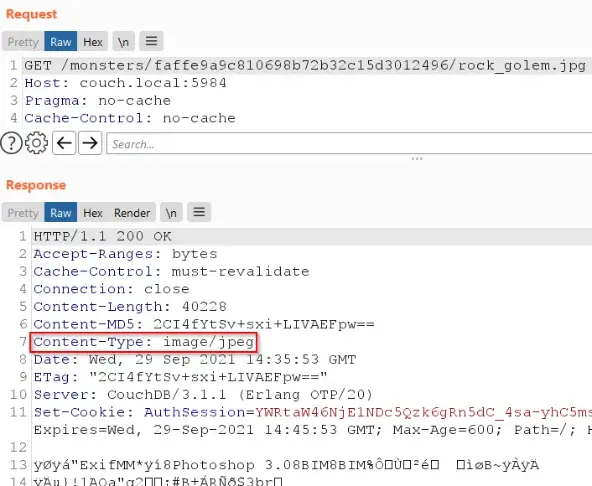 HTTP response headers showing CouchDB returning the stored content-type when serving the attachment
