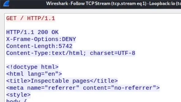 Wireshark showing successful HTTP/1.1 request and response from Chrome debug port