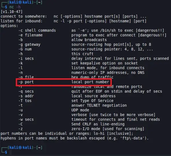 Netcat help menu showing the -p source port switch