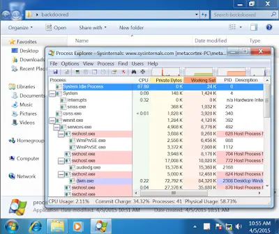 Process Explorer running normally while backdoor connects back