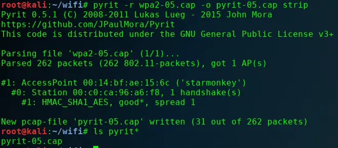 Pyrit strip command output showing handshake packets extracted from capture