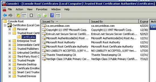 Certificates MMC showing the CA certificate successfully replicated to the Trusted Root Certification Authorities store
