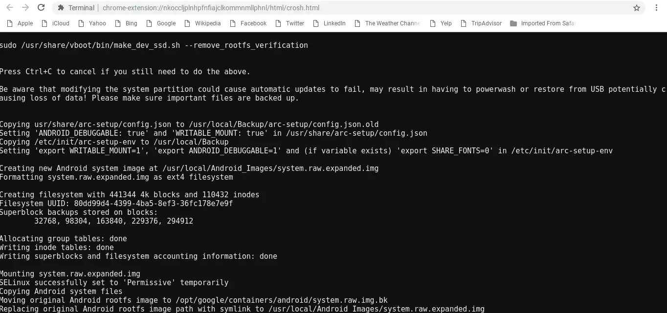 Terminal output showing the Android subsystem rooting script completed successfully