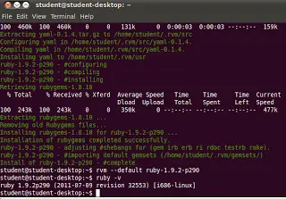 Terminal output confirming Ruby 1.9.2 is the default version