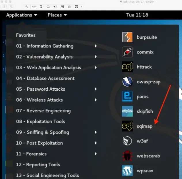 Kali Linux application menu showing SQLMap under Web Application Analysis and Database Assessment sections
