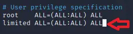 We add a line to give the limited user full sudo privileges